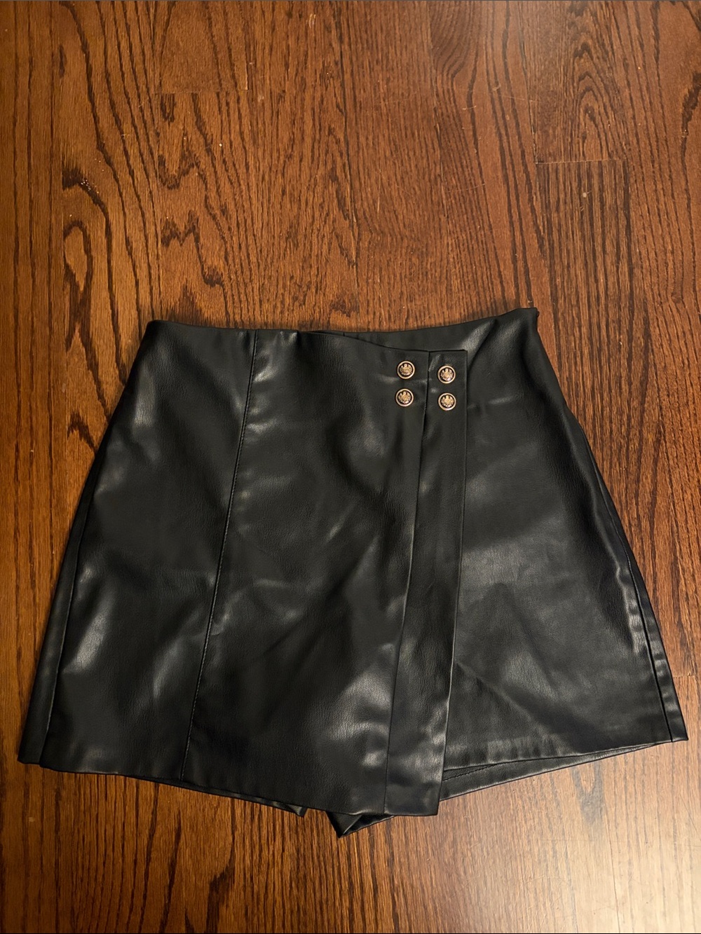 Faux Leather Black Skort with Gold Button Detail
